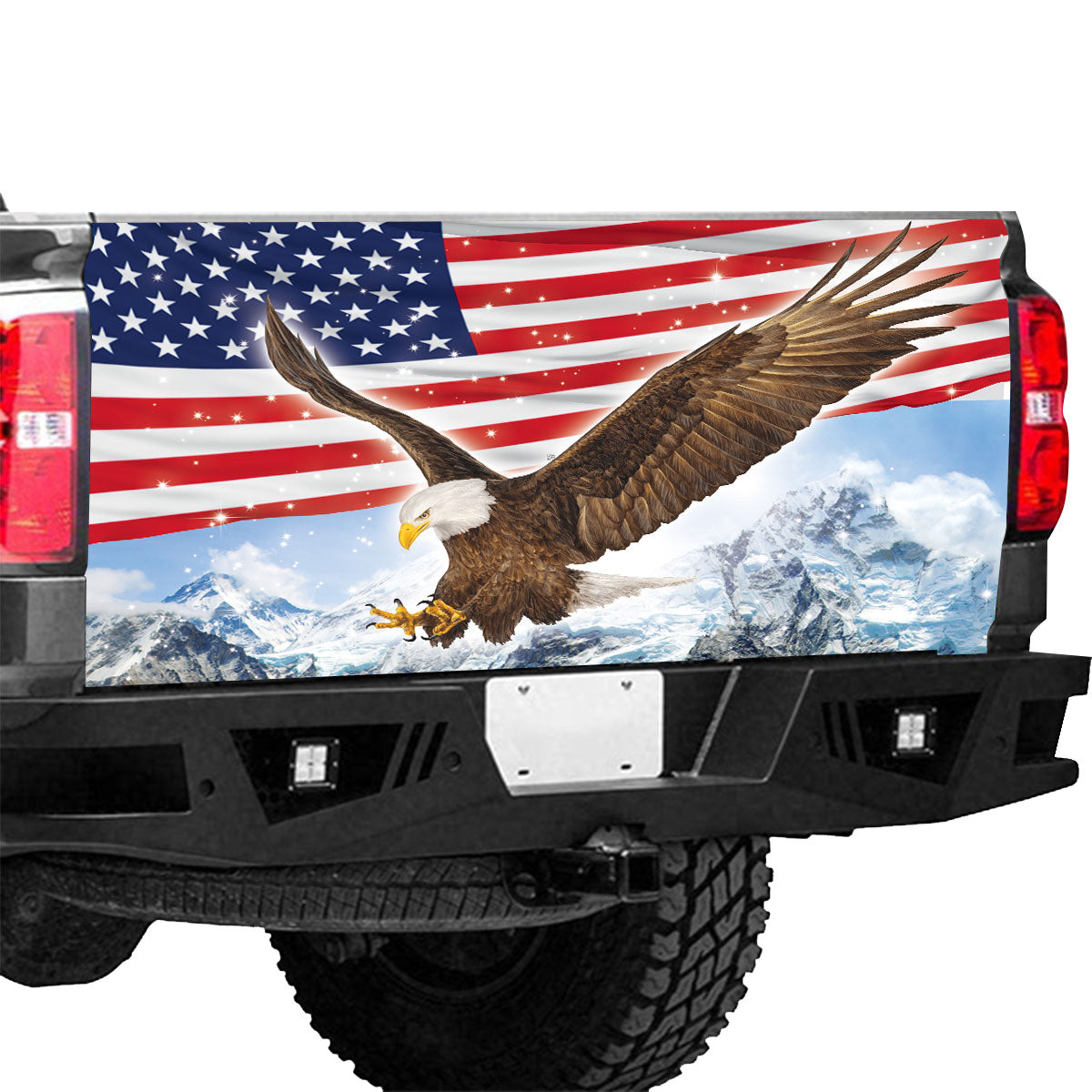 Petthouse | Eagle American Flag Printed Tailgate Wrap Winter Moutain Landscape Car Decal For Independence Day