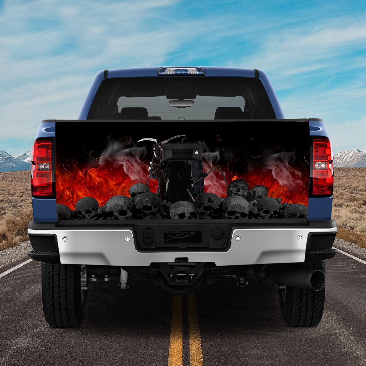 Petthouse | Grim Reaper Truck Tailgate Decal Sticker Skull Red Flame Vinyl Decal Halloween Gift