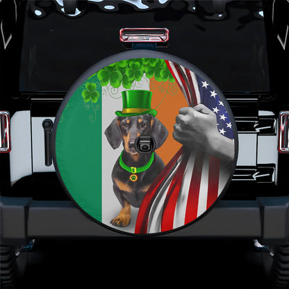 Petthouse | Dachshund Puppy In Hat Spare Tire Cover Ireland American Flag Tire Cover Happy St Patrick's Day Gift