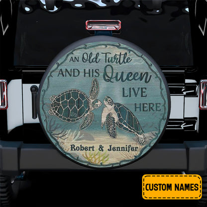 Petthouse | Custom Name Turtle Couple Spare Tire Cover Old Turtle And His Queen Tire Cover Valentine Gift