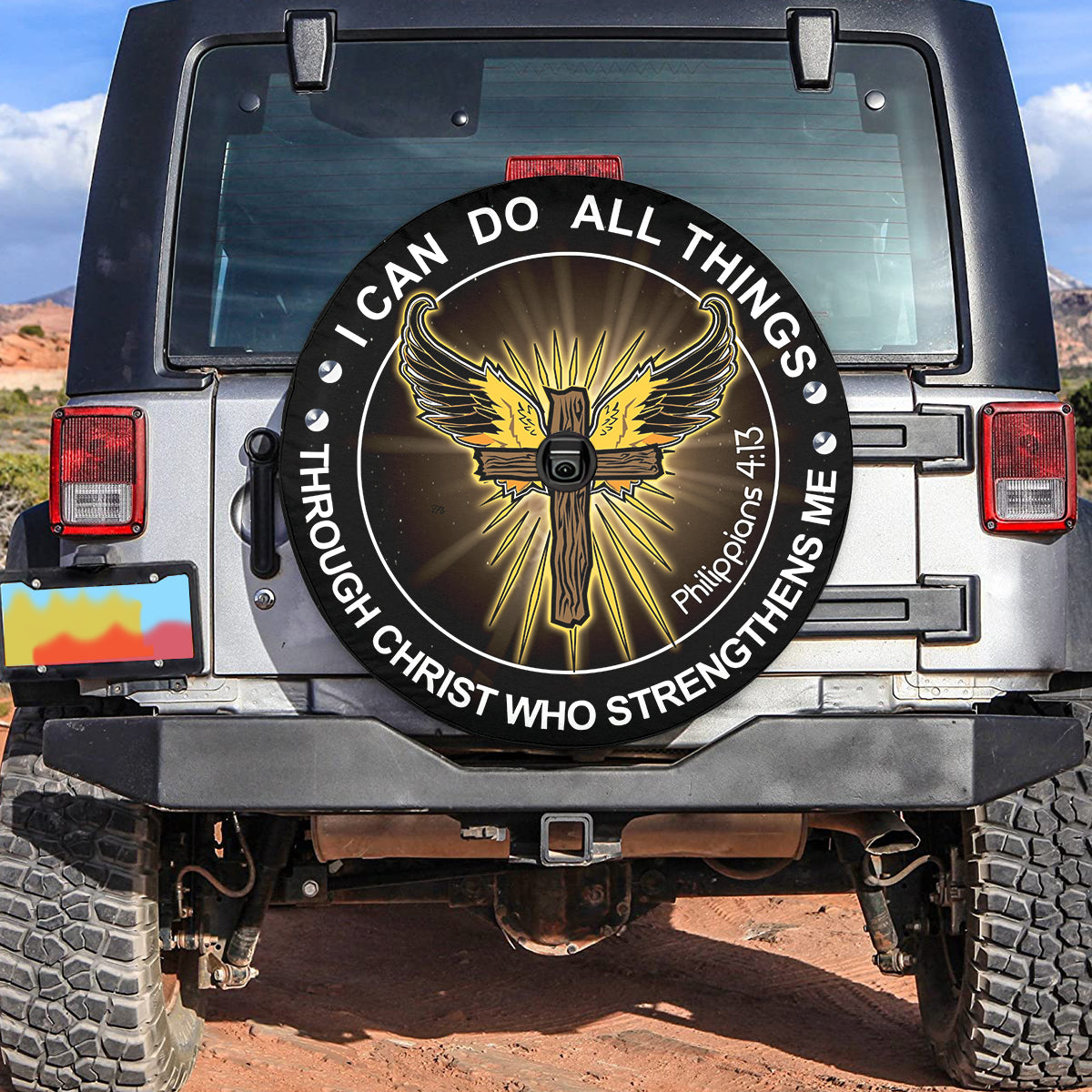 Petthouse | I Can Do All Things Through Christ Tire Cover Christ Cross Angel Wings Tire Cover Catholic Decor