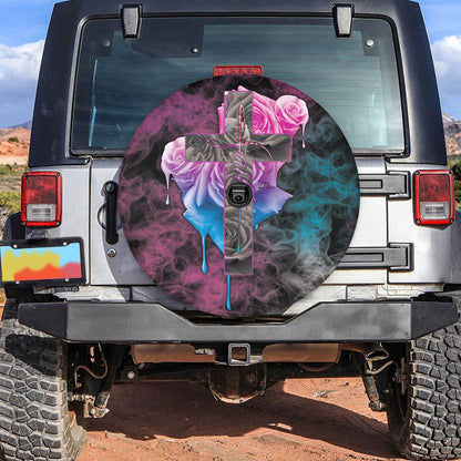 Petthouse | Faith Jesus Christian Cross Roses Smoke Spare Tire Cover Truck Decoration Religious Gift