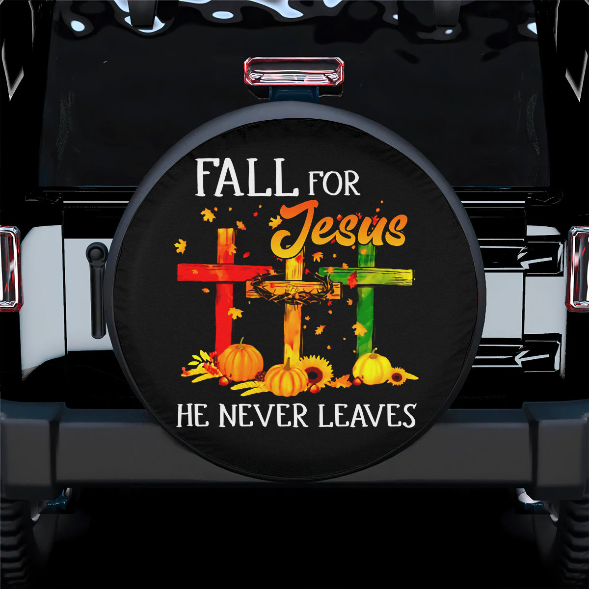 Petthouse | Fall For Jesus He Never Leaves Spare Tire Cover Cross Autumn Wheel Cover Autumn Pumpkin Sunflower