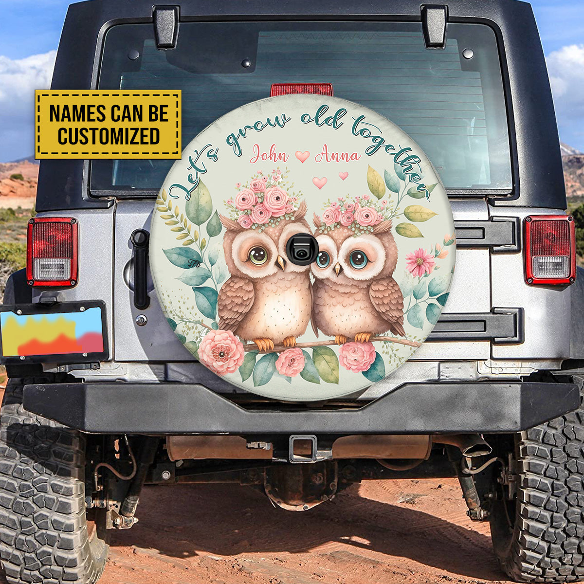 Petthouse | Let Grow Old Together Tire Cover Custom Name Spare Tire Cover Owl Couple Tire Wrap Car Accessories