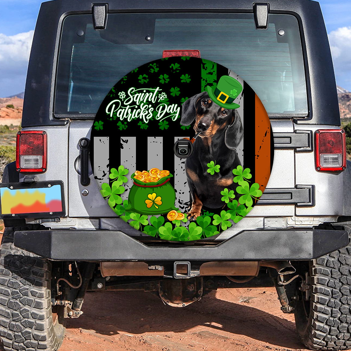 Petthouse | Spare Tire Cover With Dachshund Design Saint Patrick's Day Tire Cover Clover Tire Wrap