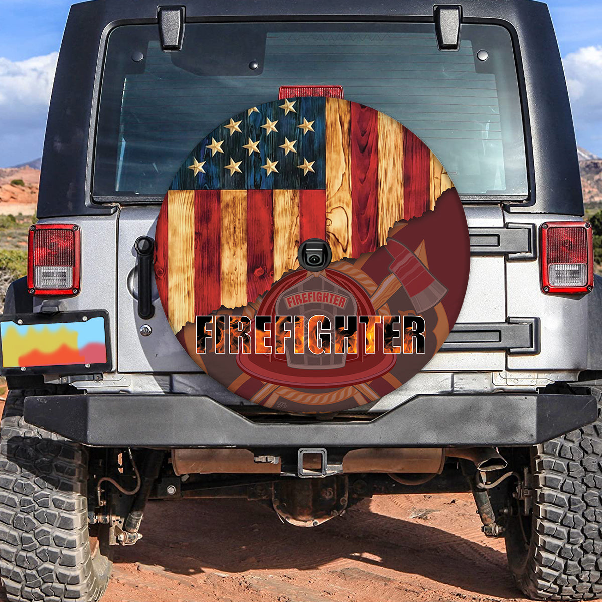 Petthouse | Firefighter American Flag Wood Spare Tire Cover Firefighter Gift Idea Decor Car