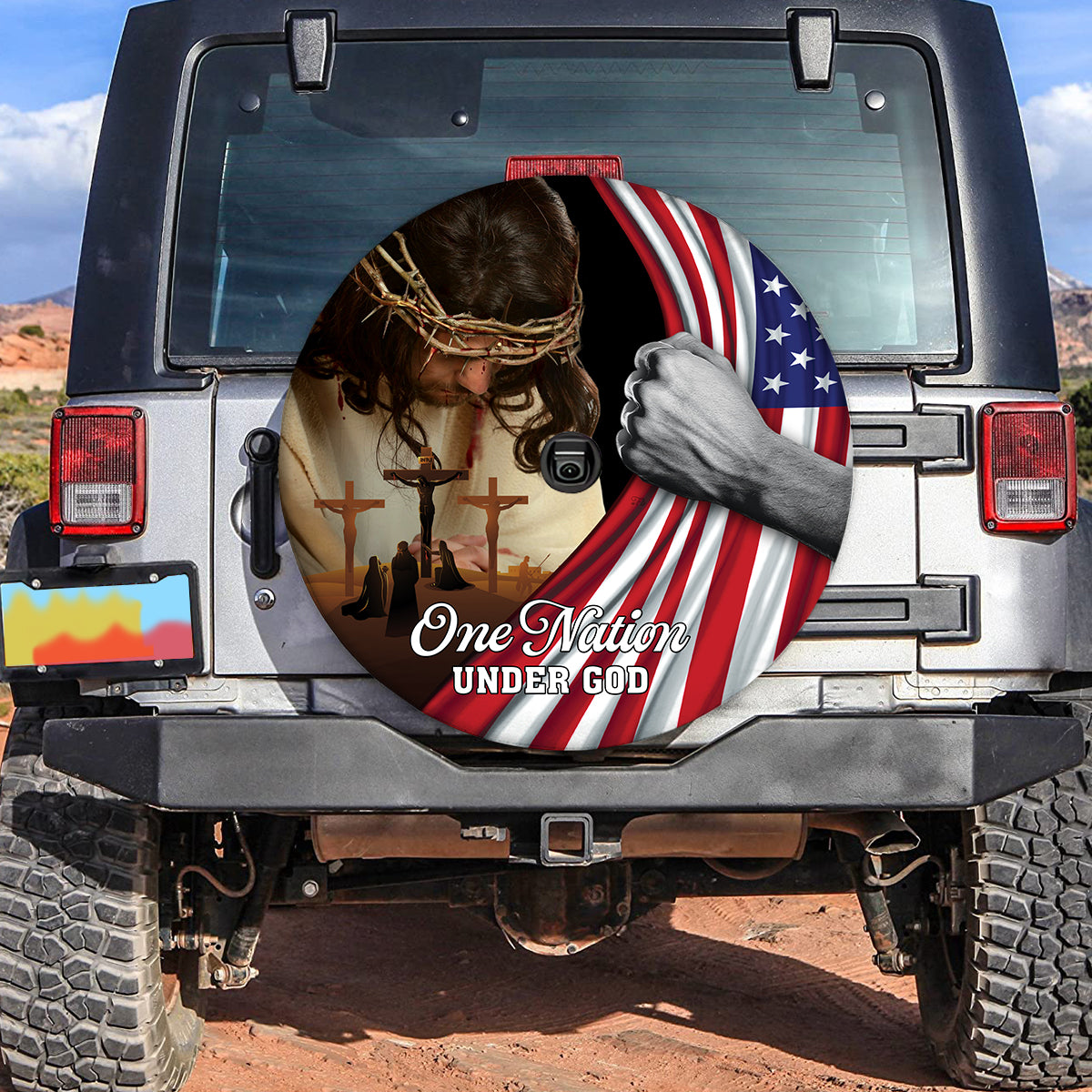 Petthouse | One Nation Under God Spare Tire Cover Jesus Bow Head Jesus On Cross American Patriotic Gift