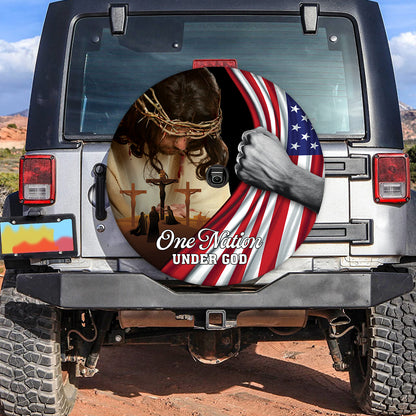 Petthouse | One Nation Under God Spare Tire Cover Jesus Bow Head Jesus On Cross American Patriotic Gift