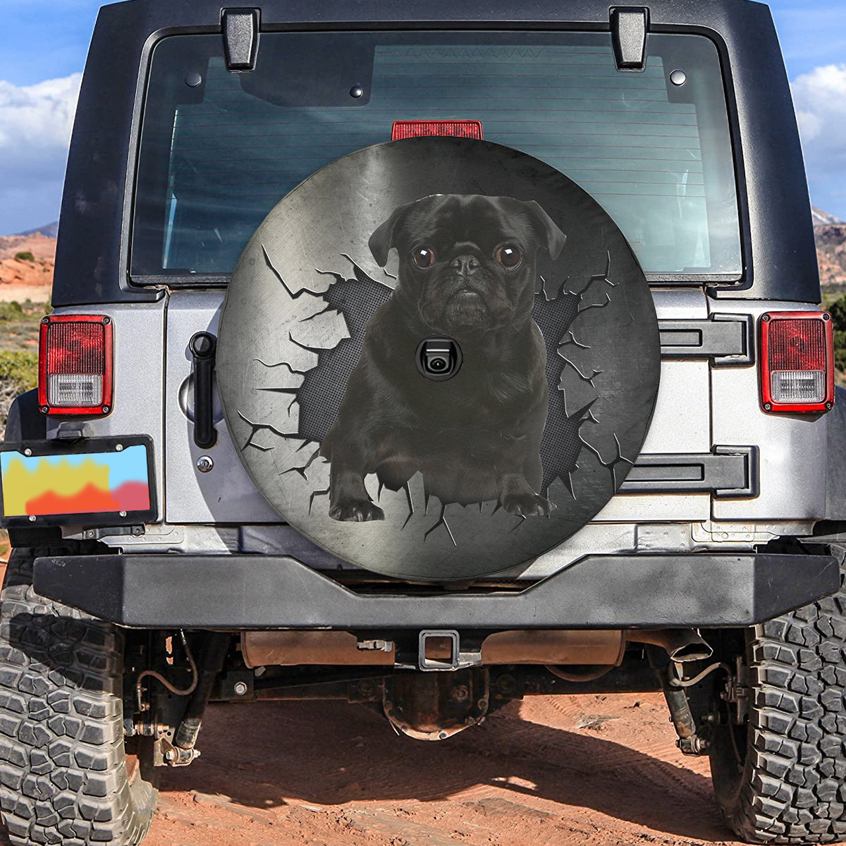 Petthouse | Black Pug Outdoors Spare Tire Cover With Backup Camera Hole Dog Paw Tire Accessories Car Decor