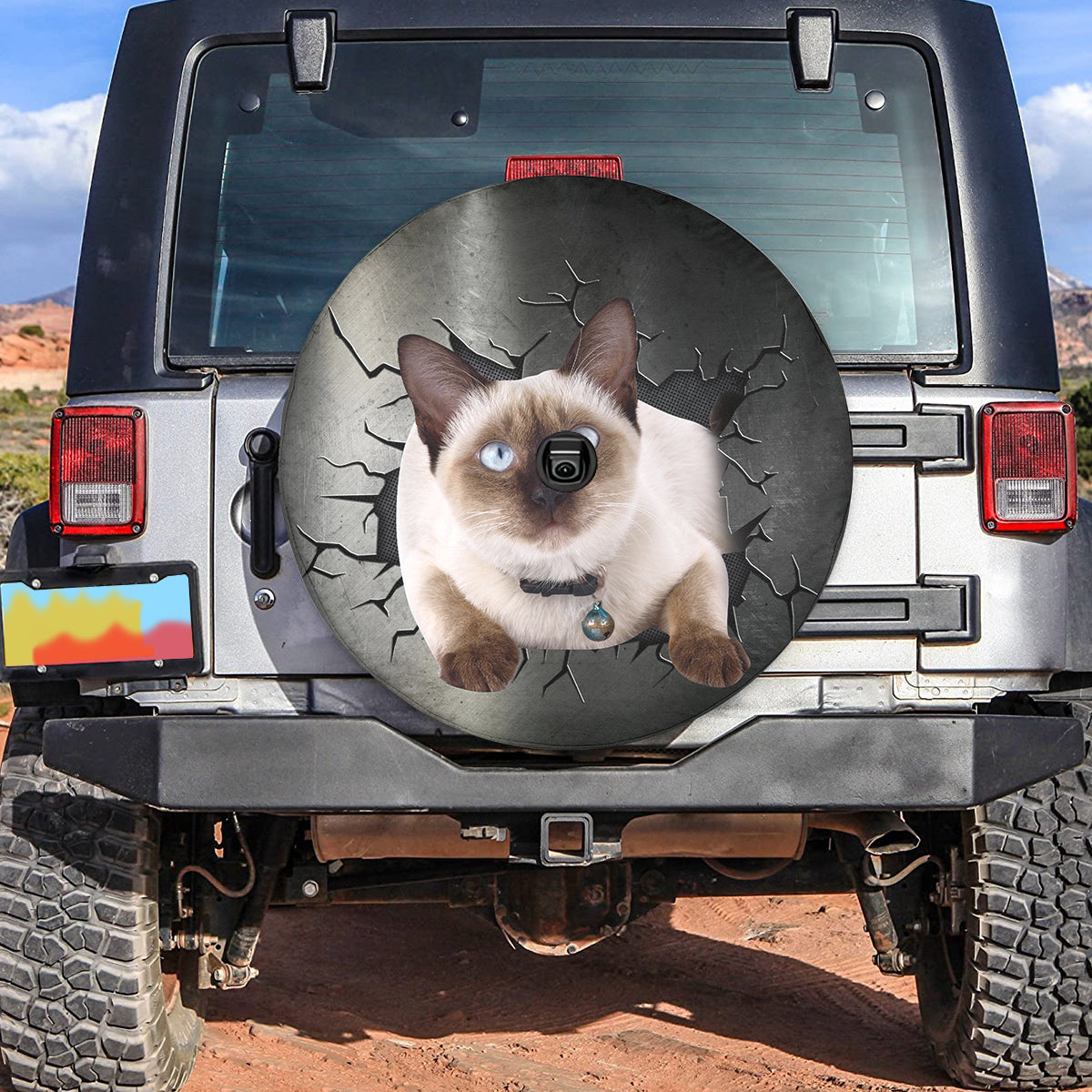 Petthouse | Siamese Cat Camper Tire Cover Big Hole Cracked Metal Print Spare Wheel Cover Cat Dad Car Accessory