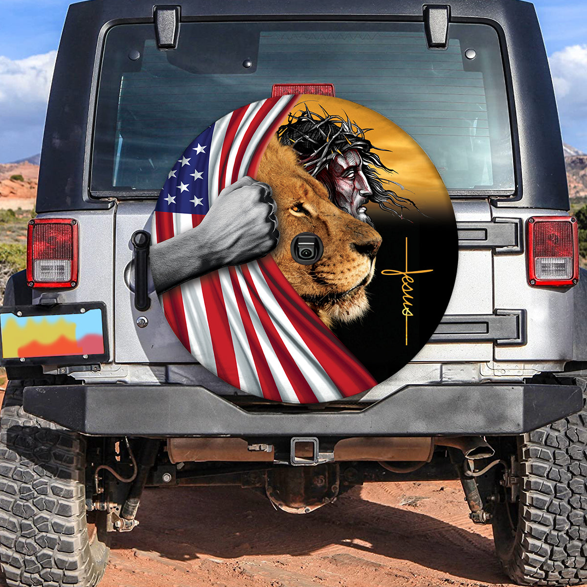 Petthouse | Jesus Lion Spare Tire Cover American Flag Tire Wrap Jesus Spare Tire Cover Christian Car Decor