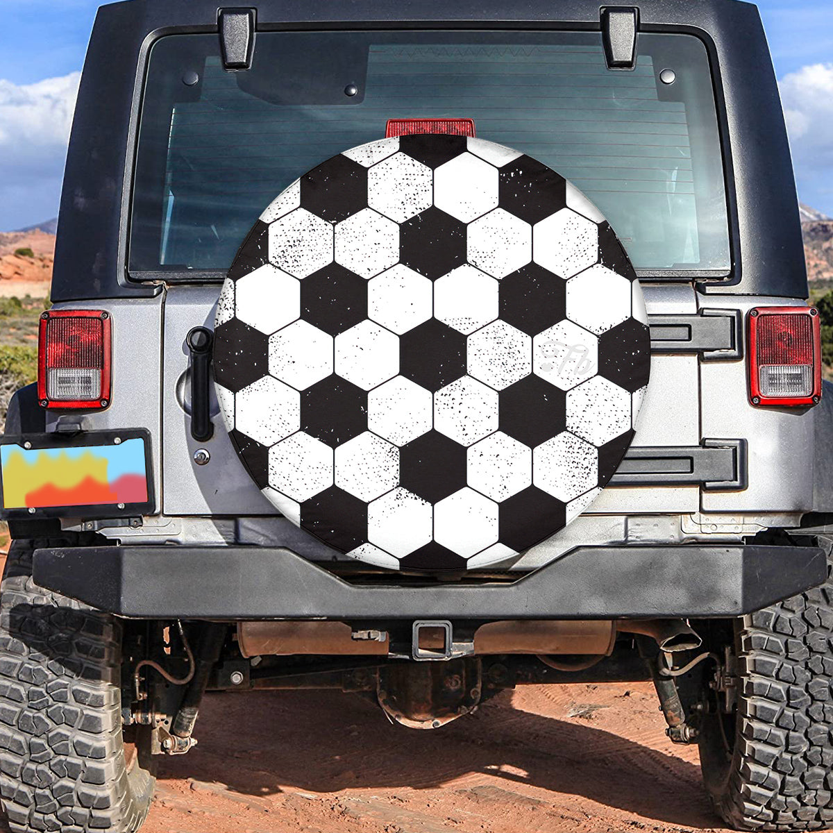 Petthouse | Grunge Soccer Ball Surface Spare Tire Cover, Geometric Pattern Tire Cover, Soccer Player