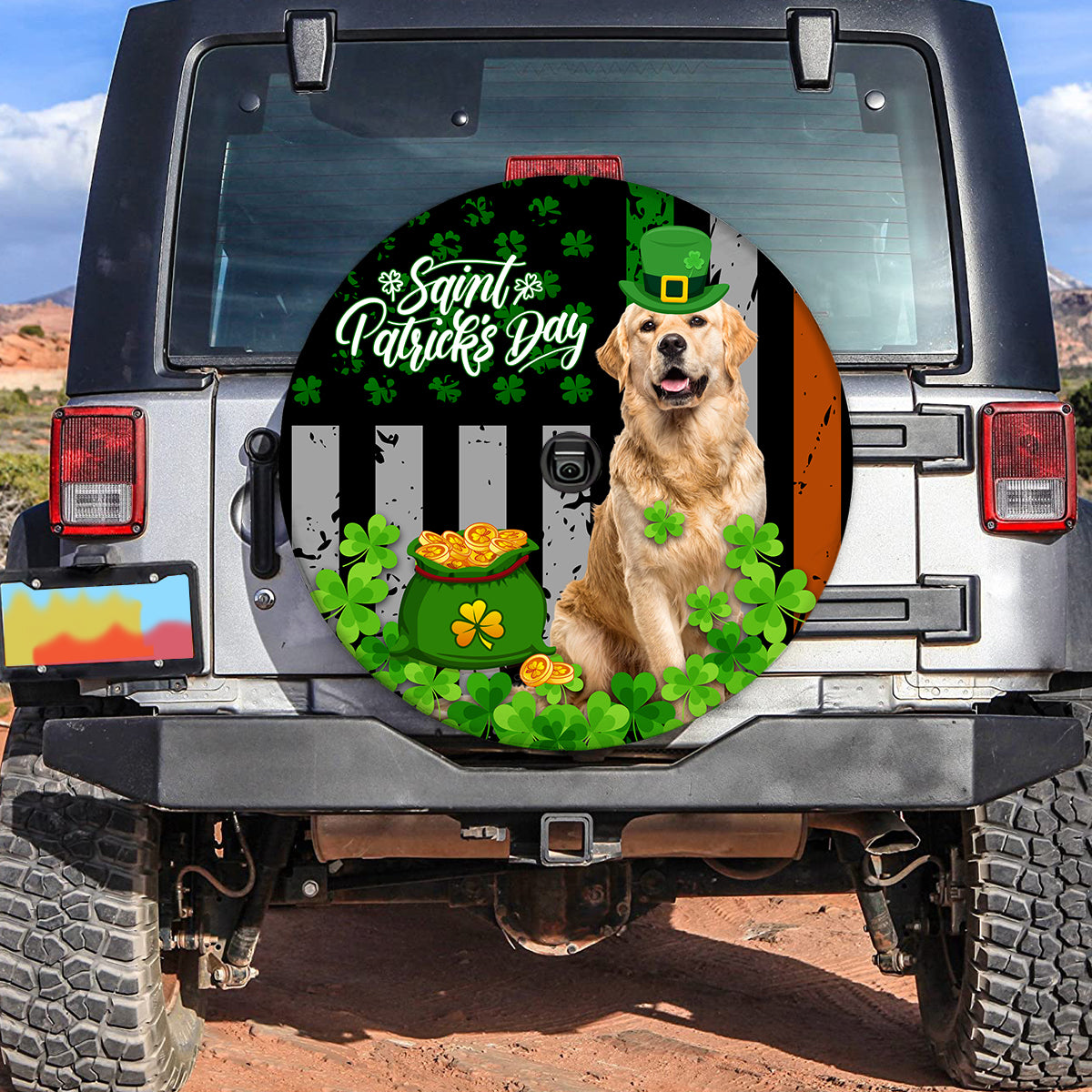 Petthouse | Golden Retriever Spare Tire Cover Happy St Patrick's Day Tire Cover Dog Lover Car Decorations