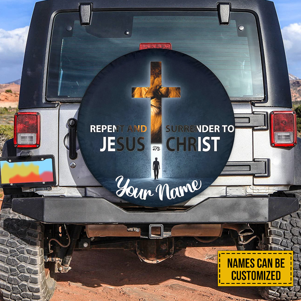 Petthouse | Customized Tire Cover Lion Jesus Cross Cover Repent And Surrender Wrap Christ Cross Cover Decor