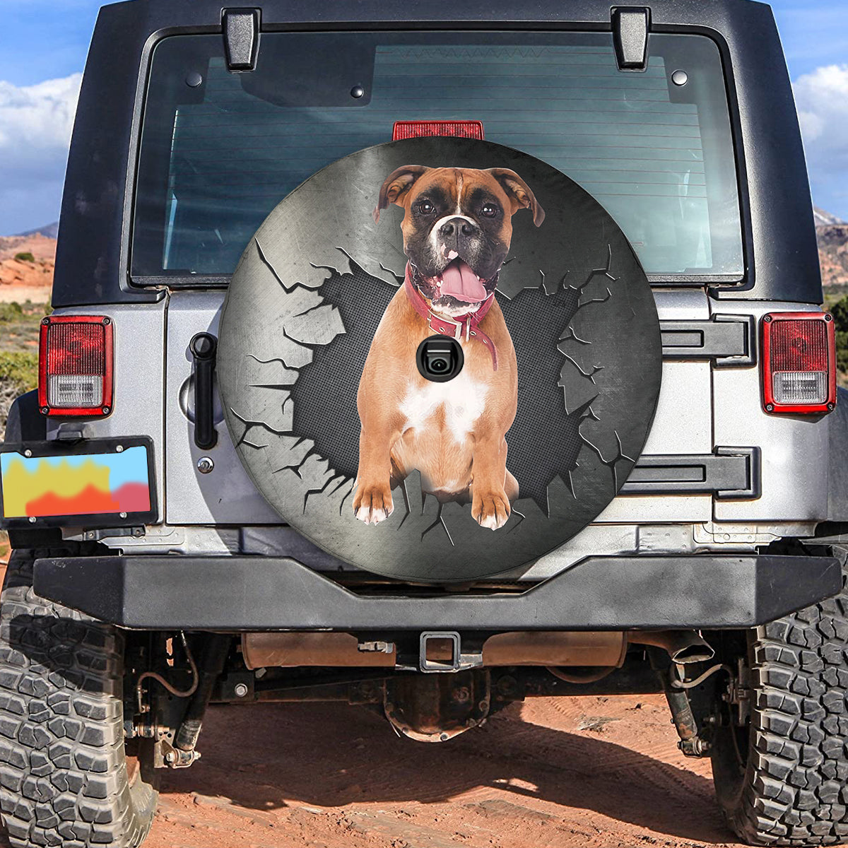 Petthouse | Boxer Peeking Out Crack Effect Spare Tire Cover Humourous Car Accessories Waterproof Durable