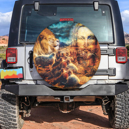 Petthouse | Jesus The Good Shepherd Tire Cover, Jesus And Lambs And Lion, God Power Lion Tire Cover