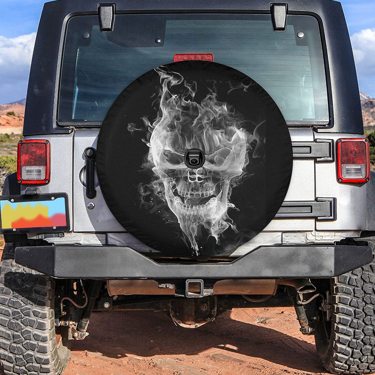 Petthouse | Skull Smoke Spare Tire Cover Horror Skull Skeleton Bones Spare Wheel Cover Truck Decoration