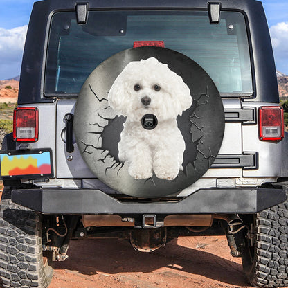 Petthouse | Bichon Frise Spare Tire Cover Cute Dog Big Hole Crack Wheel Cover Fun Car Decor For Dog Lovers