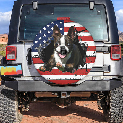 Petthouse | Boston Terrier Spare Tire Cover American Flag Spare Wheel Cover Crack Hole Print Fun Car Accessory