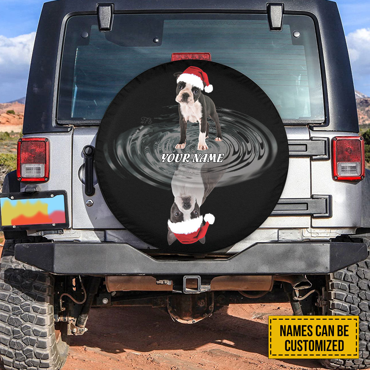 Petthouse | Personalized Name Boston Terrier Santa Hat Spare Tire Cover, Boston Terrier Owner Truck Decor