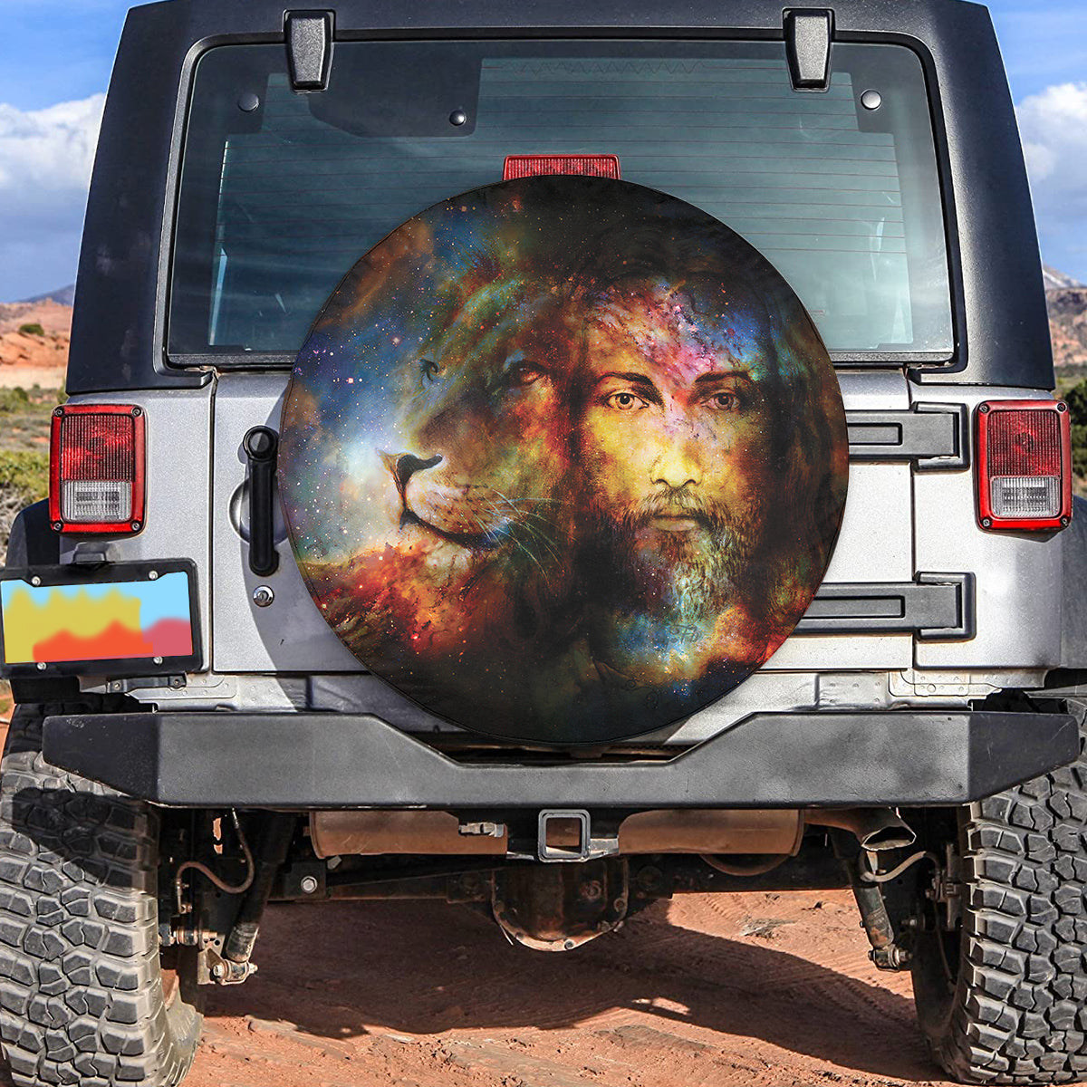 Petthouse | Painting Jesus With Lion In Space Tire Cover, Eye Contact Lion Portrait Wrap, Jesus Gift