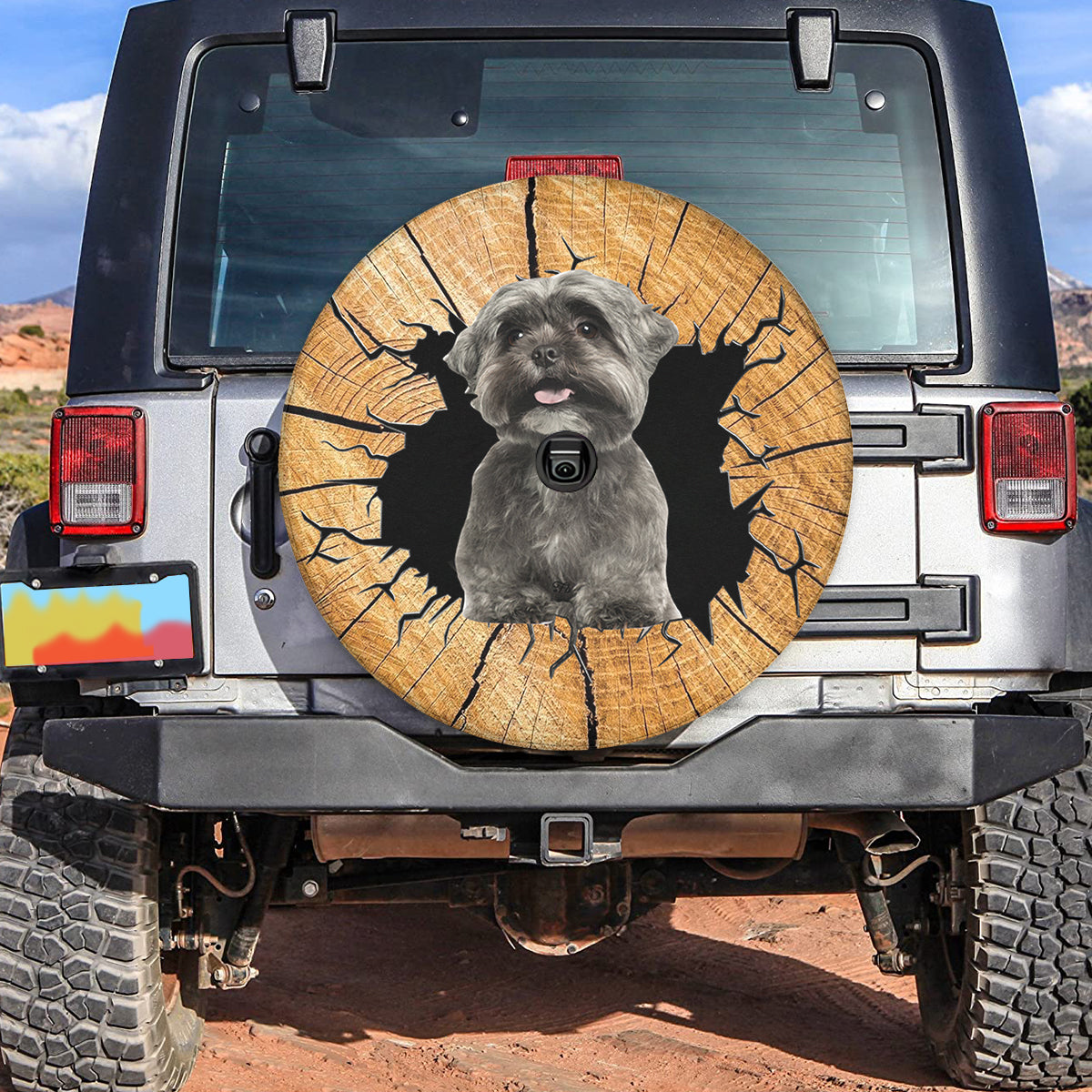 Petthouse | Black Shih Tzu Puppies Crack Hole Wooden Printed Spare Wheels Tire Cover Puppies Shih Tzu