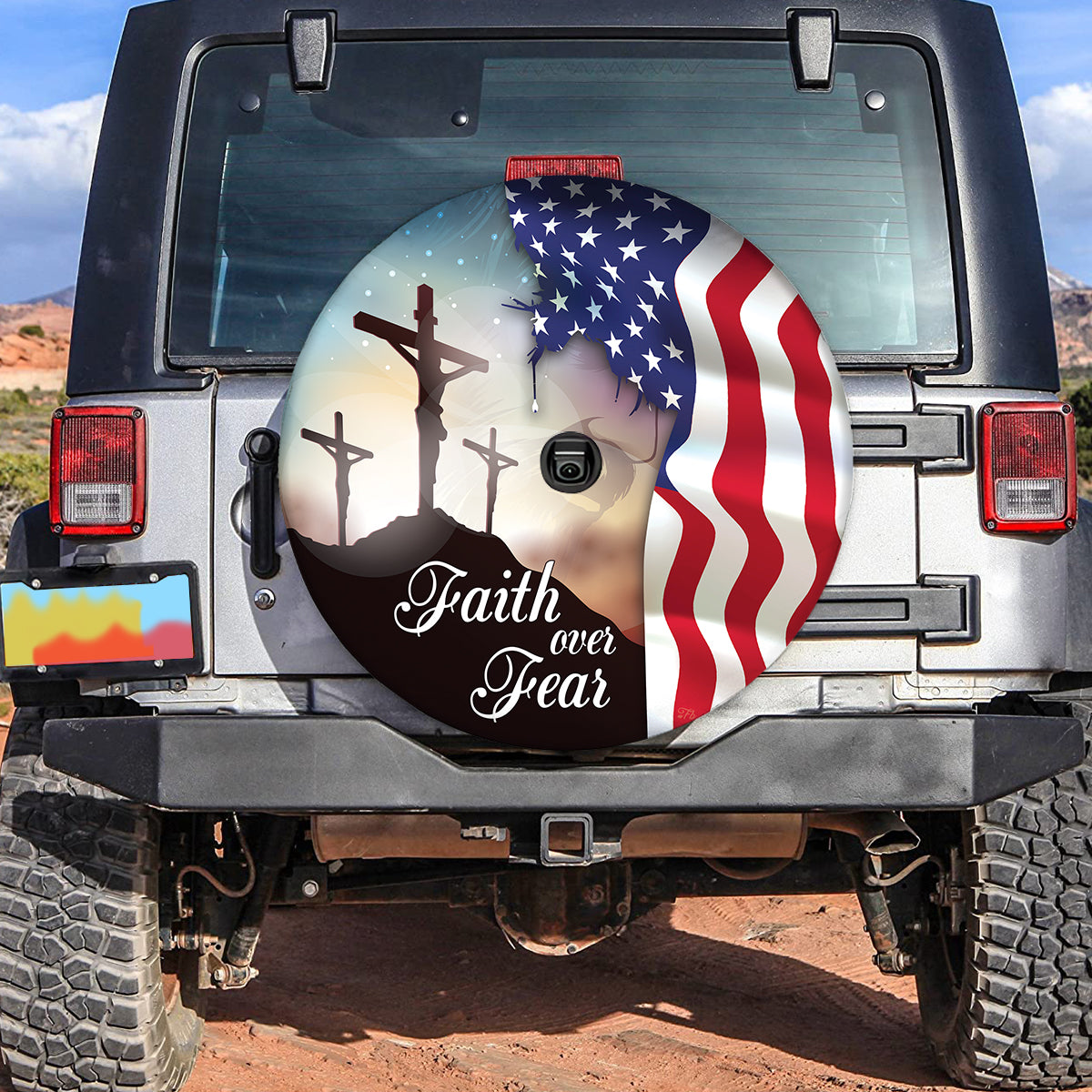 Petthouse | Jesus Cross American Flag Faith Over Fear Tire Cover Car Accessories God Bless American Patriot