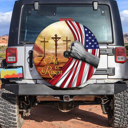 Petthouse | He Is Risen Spare Tire Cover Jesus On Cross American Flag Wheel Cover Waterproof Christian Gift