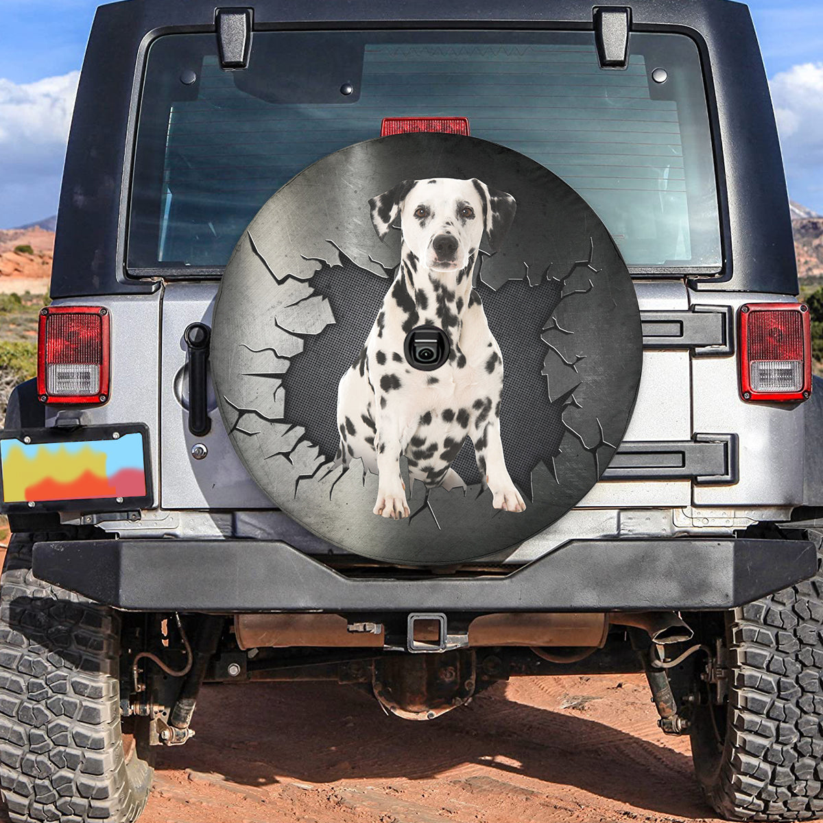 Petthouse | Dalmatian Spare Tire Cover With Backup Camera Hole Crack Metal Printing Wheel Cover