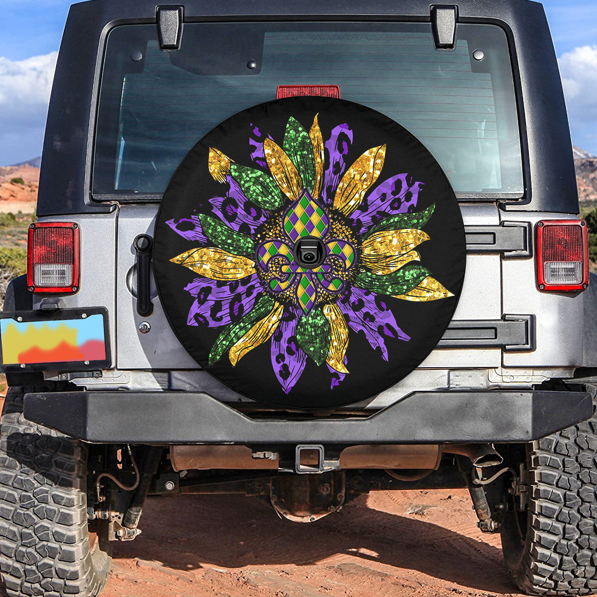 Petthouse | Mardi Gras Symbole Leopard Sunflower Spare Tire Cover Fat Tuesday Car Decor