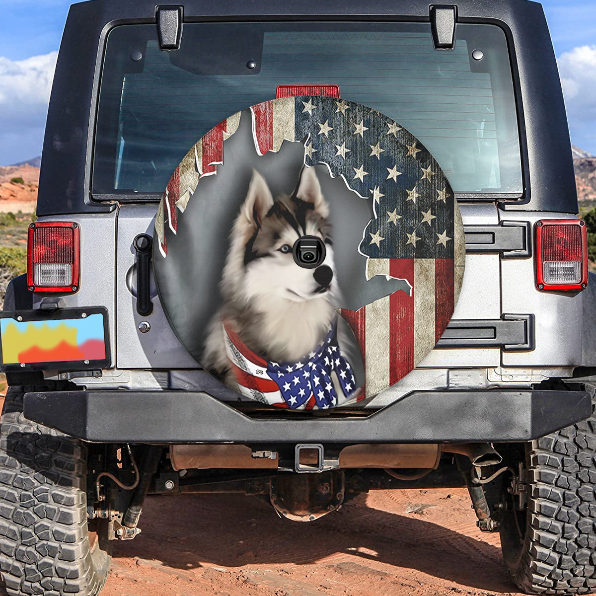 Petthouse | Husky Spare Tire Cover Husky Blue Eyed Cover American Flag Tire Wrap Car Decoration