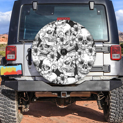 Petthouse | Skull Hibiscus Pattern Spare Tire Cover Dark Skull Skeleton Car Accessory Truck Decor