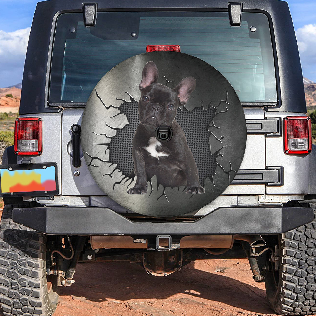 Petthouse | Black French Bulldog Puppy Tire Wheel Cover Dog Punched Wall Cracked Wheel Protector Dog Dad