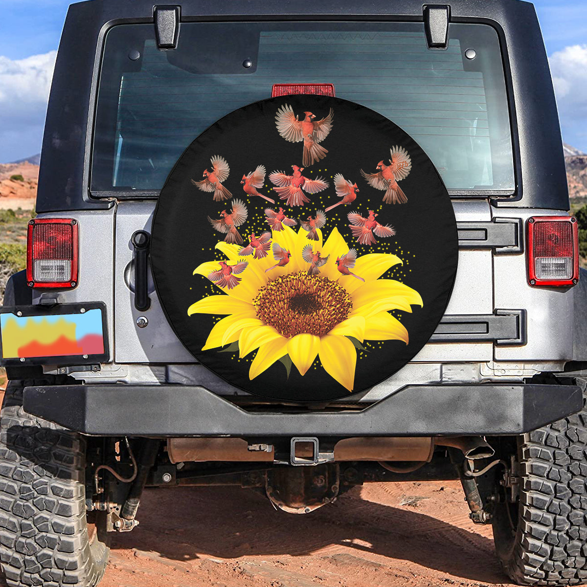 Petthouse | Cardinal Sunflowers Art Printed Spare Tire Cover, Cadinal Lovers Truck Decor Gift