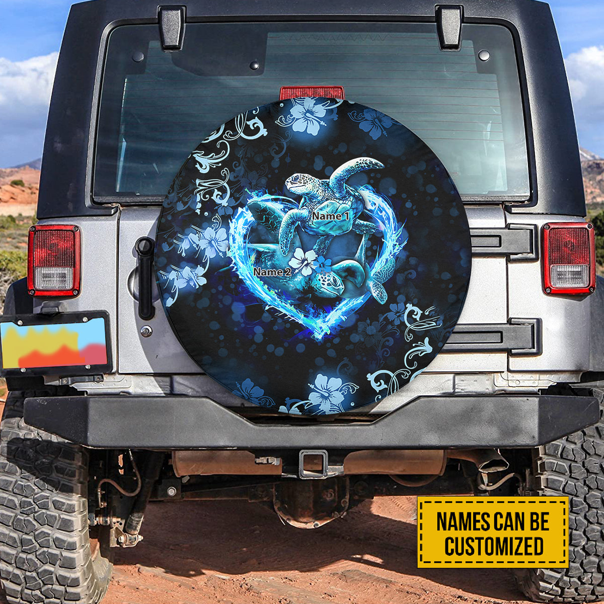 Petthouse | Custom Name Couple Sea Turtle Water Flame Heart With Blue Tropical Flowers Spare Tire Cover