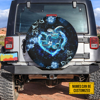 Petthouse | Custom Name Couple Sea Turtle Water Flame Heart With Blue Tropical Flowers Spare Tire Cover