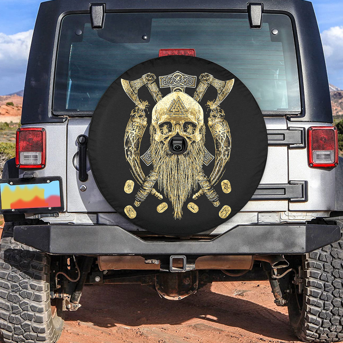 Petthouse | Viking Skullcap Spare Tire Cover Poleax Tire Protector Ivory Pattern Car Accessory Truck Cover