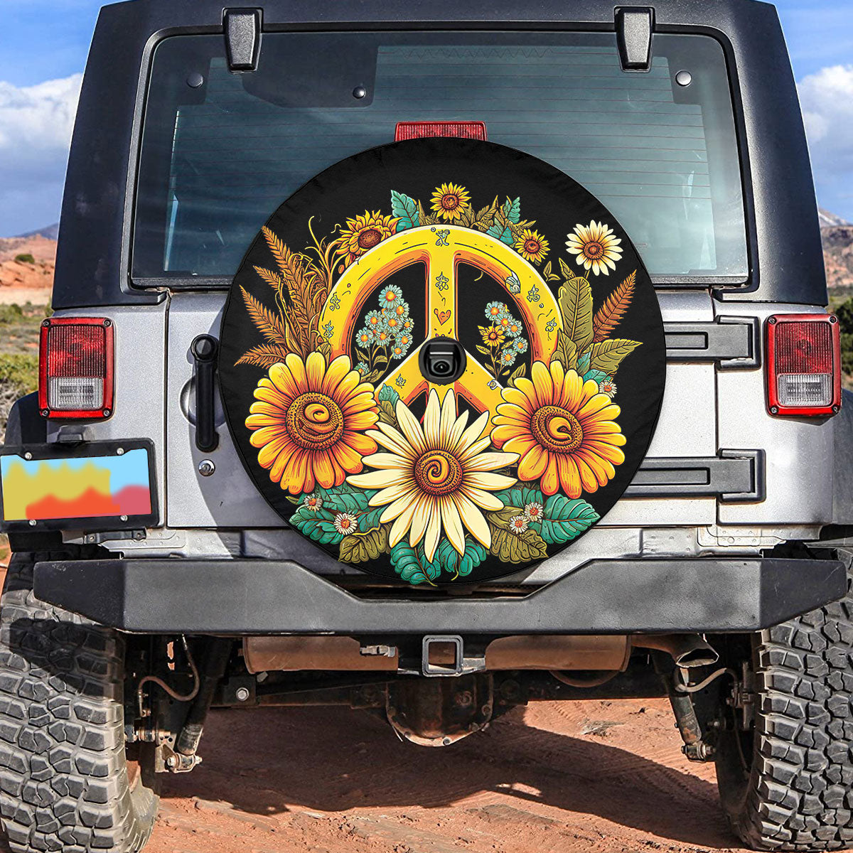 Petthouse | Sunflower Spare Tire Cover Peace Sign Wheel Cover Durable Tire Protector Spring Tire Storage Bag