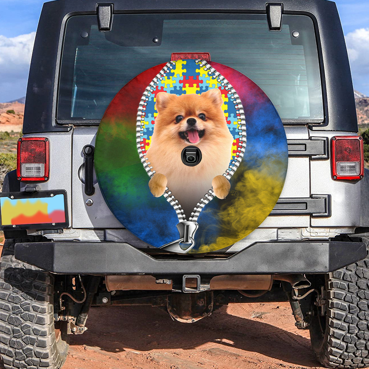 Petthouse | Pomeranian Autism Awareness Spare Tire Cover Puzzles Neurodiversity Wheel Case Autistic Gift