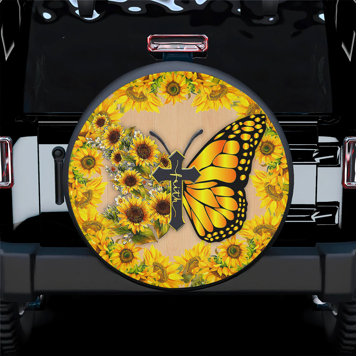 Petthouse | Butterfly Sunflower Cross Faith Spare Tire Cover Christian Wheel Cover Sunflower Tire Cover Gift