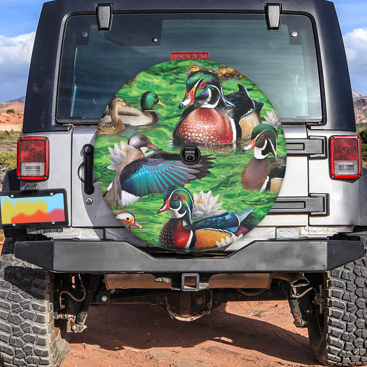 Petthouse | Flying Duck Art Print Spare Tire Cover Duck Floating Lotus Lake Durable Tire Protector For Hunters