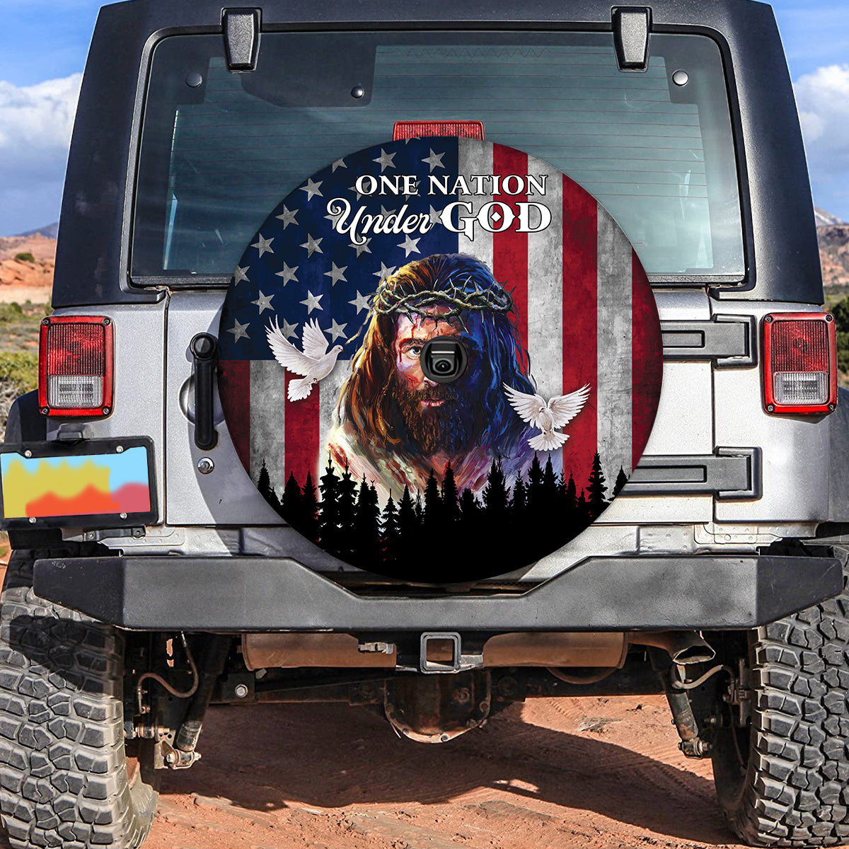 Petthouse | Jesus Portrait Jesus Painting Spare Tire Cover One Nation Under God American Flag Wheel Cover