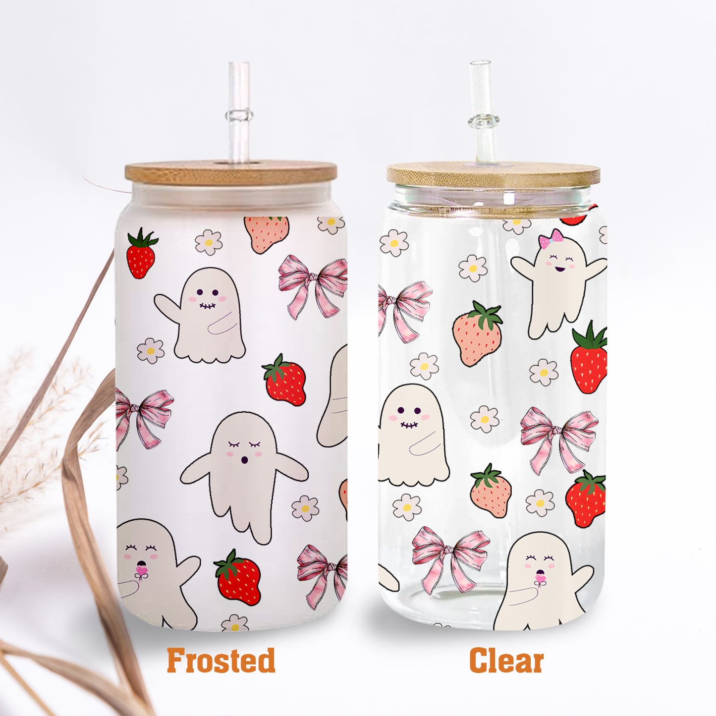 Petthouse | Strawberry Ghosts And Coquette Bows Glass Can, Cute Halloween Glass Can, Strawberry Ghost Cup