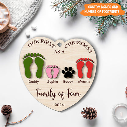 Petthouse | Personalized Family Wooden Ornament, First Christmas As A Family Of Four Footprints Ornament