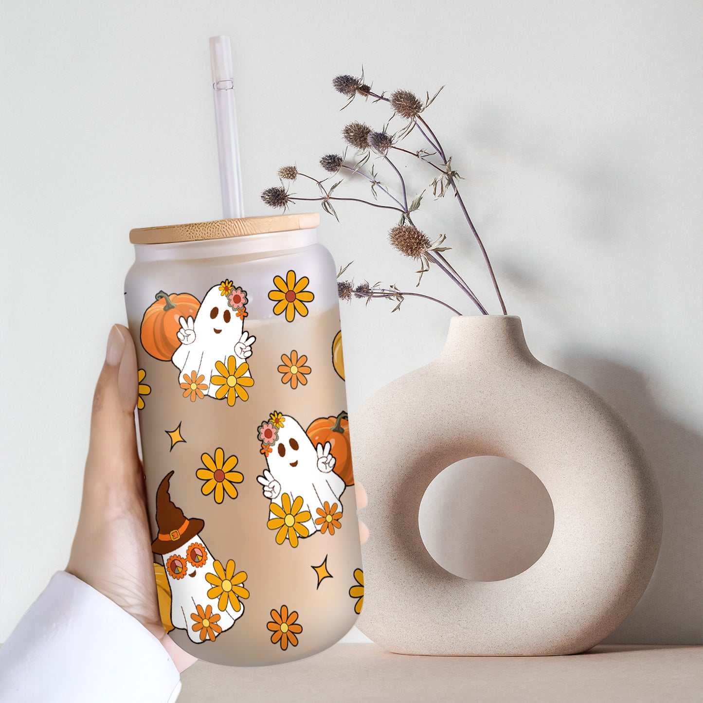 Petthouse | Halloween Ghost Glass Cup, Pumpkin And Ghost Glass Can Wrap, Ghost Halloween Coffee Glass Can