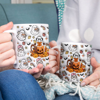 Petthouse | Bookish Ghost Pumpkin Inflated 3d Mug, Ghost Book Halloween Autumn Vibes, Ghost Reading Book