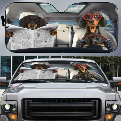 Petthouse | Dachshund Reading Newspaper Windshield Sun Shade Daily Dog Driving Windshield Cover Fun Car