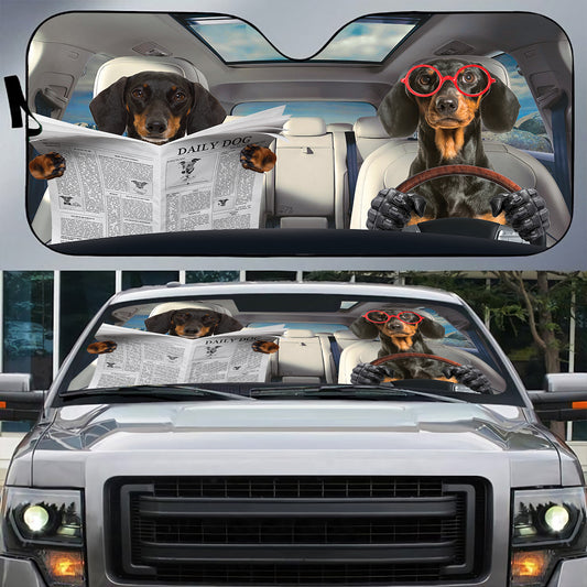 Petthouse | Dachshund Reading Newspaper Windshield Sun Shade Daily Dog Driving Windshield Cover Fun Car