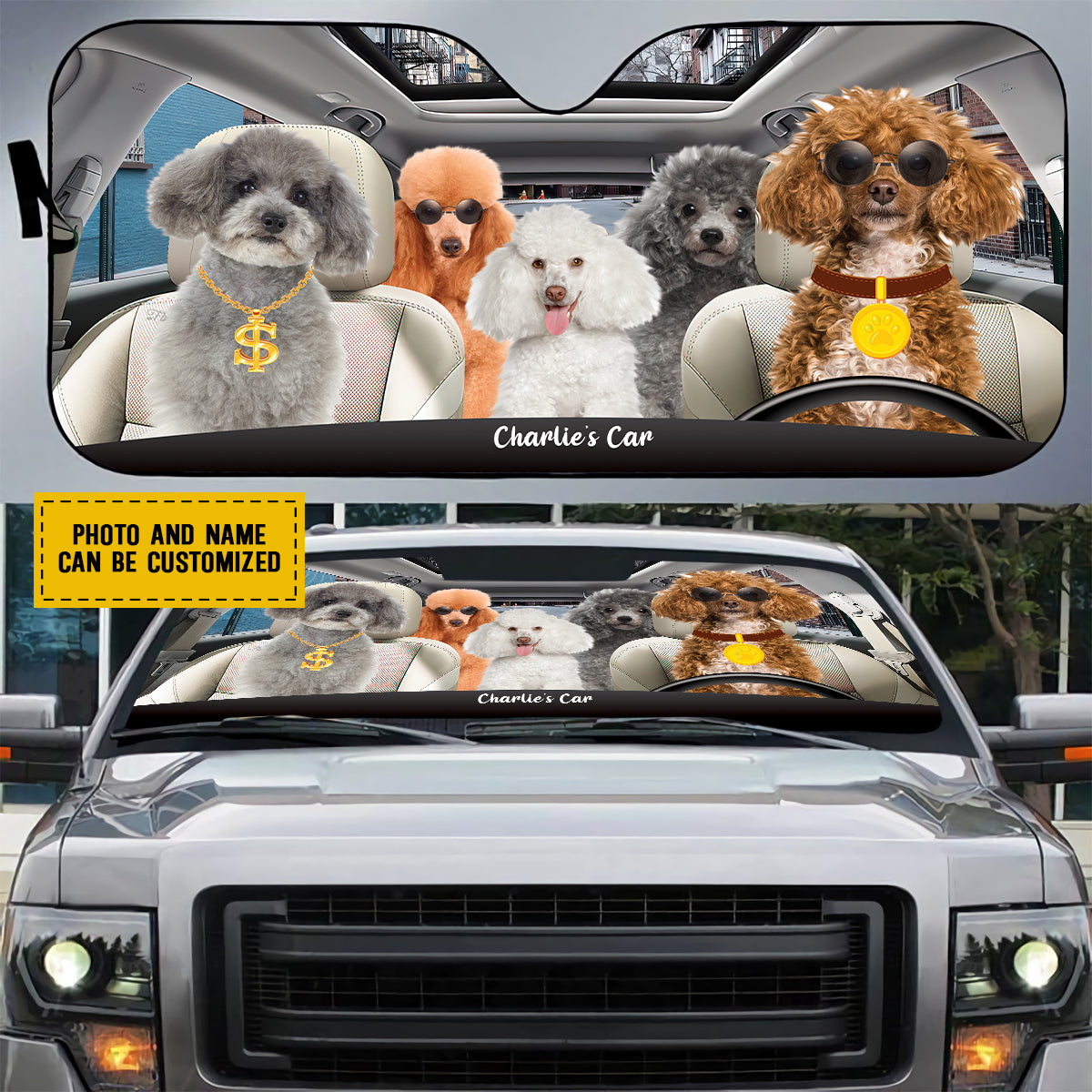 Petthouse | Poodle Rich Dog Sunshade Funny Windshield Cover For Dog Mom Dog Dad Personalized Sunshade For Car