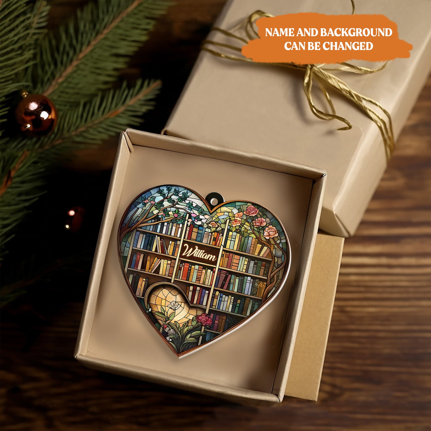 Petthouse | Personalized Book Shelf Stained Glass Ornament, Book Lovers Christmas Ornament, Book Club Gift